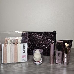 Beauty Bundle w/ Glitter Cosmetic Bag Beautyblender sponge Too Faced Mascara NEW